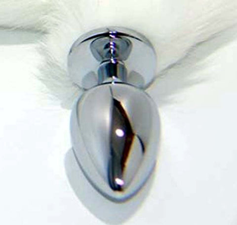 White Faux Fox Tail Smooth Silver Butt Plug - Steel Sex Toys