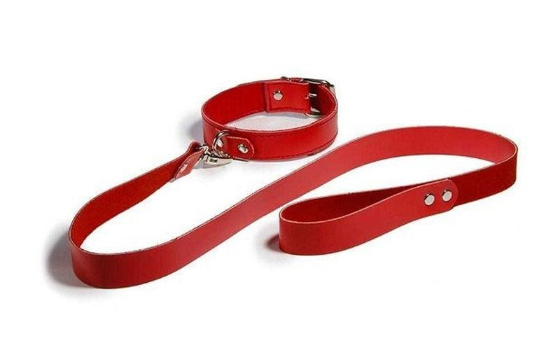 Bedroom Bondage Collar Adjustable Red Leather with Lead - - Collars And Cuffs