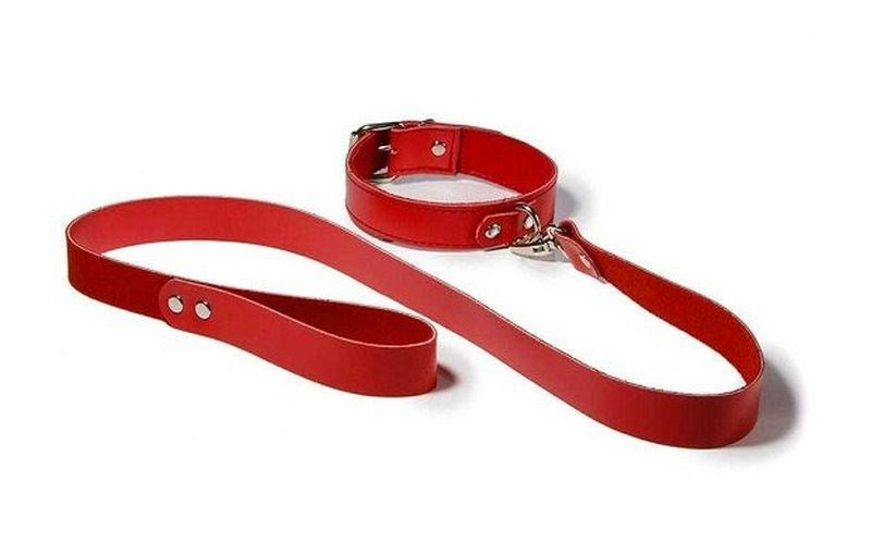 Bedroom Bondage Collar Adjustable Red Leather with Lead - - Collars And Cuffs