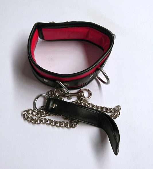 Luxurious BDSM Accessory - Black and Red Collar with Lead - Collars and Leads