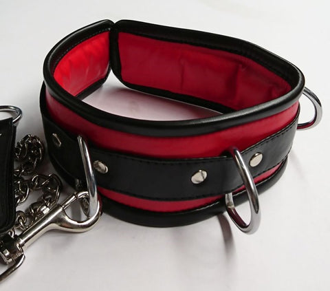 Luxurious BDSM Accessory - Black and Red Collar with Lead - Collars and Leads