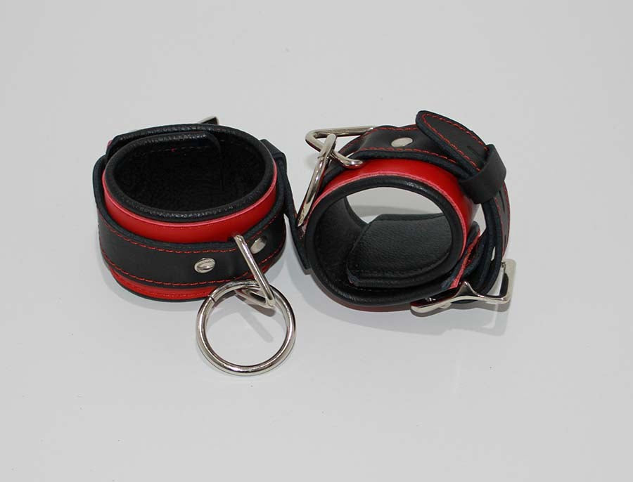 Netherworld Restraints Wrist Cuffs Black and Red Leather - - Collars And Cuffs