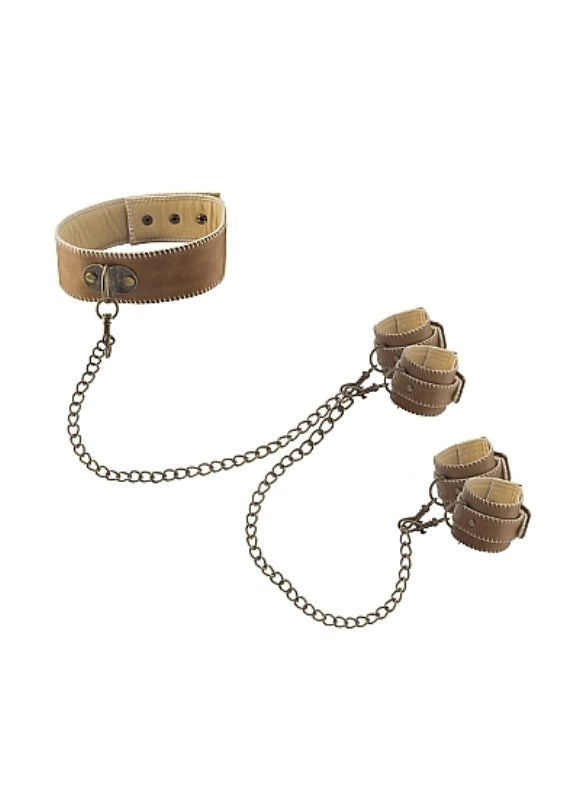 Ouch! Collar With Hand And Leg Cuffs Brown - - Collars And Cuffs