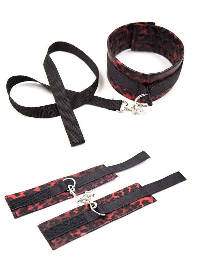 Red Leopard Cuffs and Collar with Leash - - Collars And Cuffs