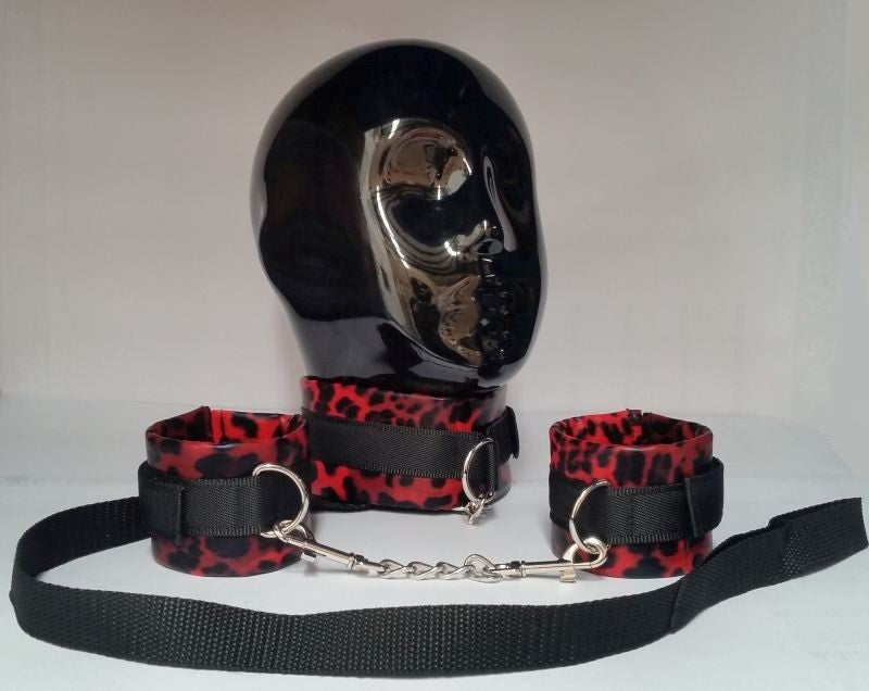 Red Leopard Cuffs and Collar with Leash - - Collars And Cuffs