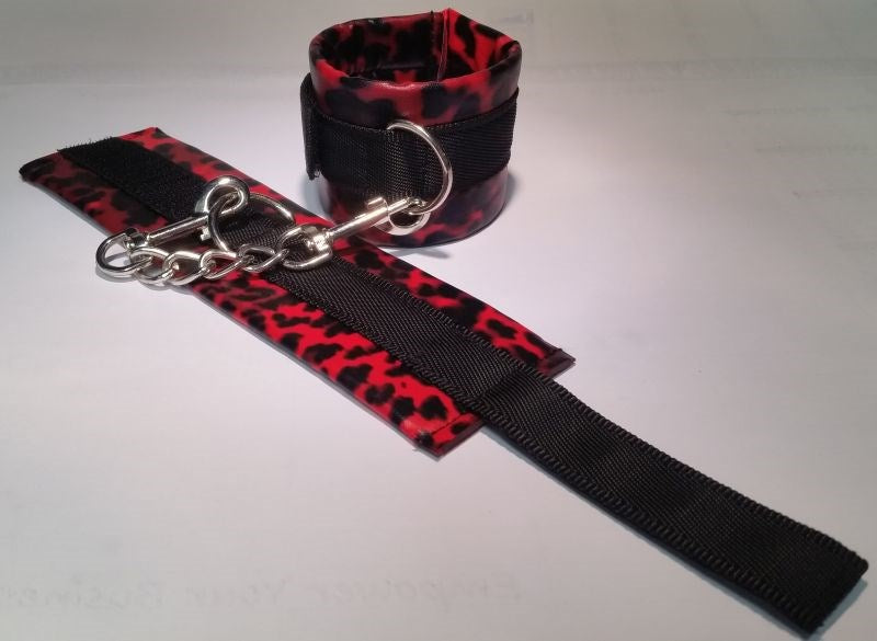 Red Leopard Cuffs and Collar with Leash - - Collars And Cuffs