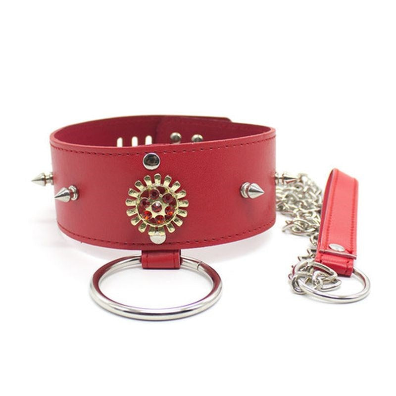 Red Medallion Spiked Collar & Leash - - Collars And Cuffs