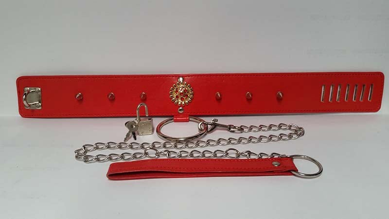 Red Medallion Spiked Collar & Leash - - Collars And Cuffs