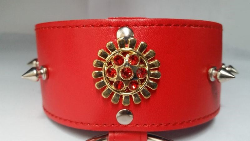 Red Medallion Spiked Collar & Leash - - Collars And Cuffs