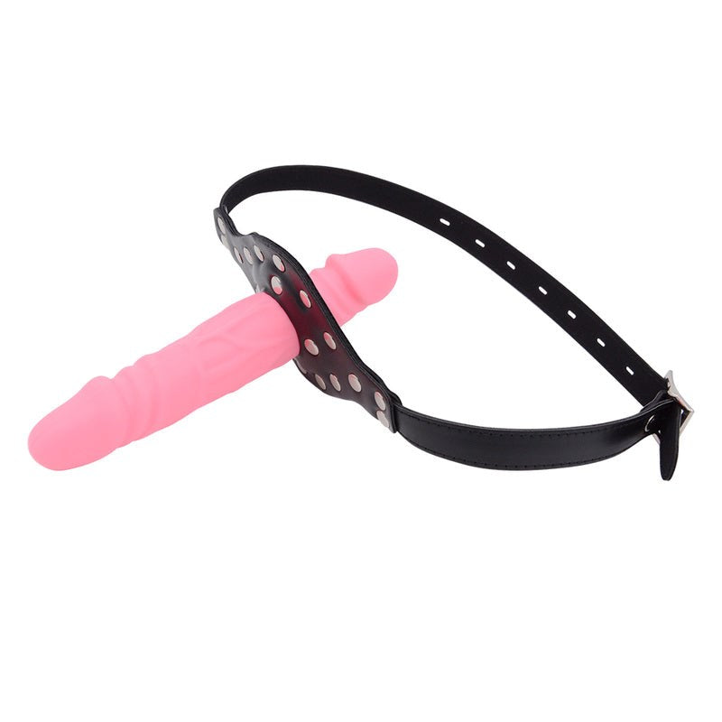 Double-Cock Dildo Penis Mouth Gag - Red/Pink - - Bondage Gags and Bits