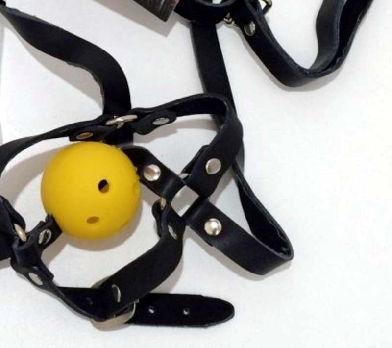 Dungeonnet Bondage Gag With Yellow Ball - - Bondage Gags and Bits