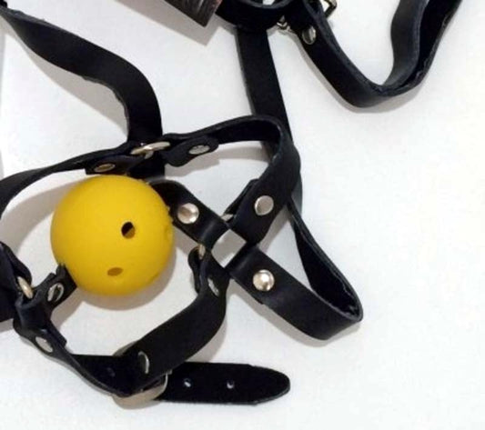 Dungeonnet Bondage Gag With Yellow Ball - Bondage Gags and Bits