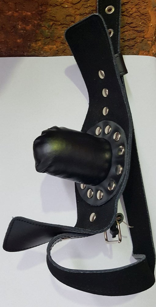 FetishFashion Leather Studded Insertable Gag Black - Bondage Gags and Bits