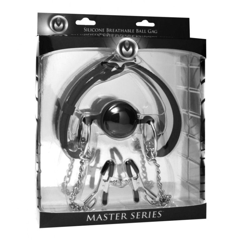 Hinder Breathable Silicone Ball Gag With Nipple Clamps - - Bondage Gags and Bits