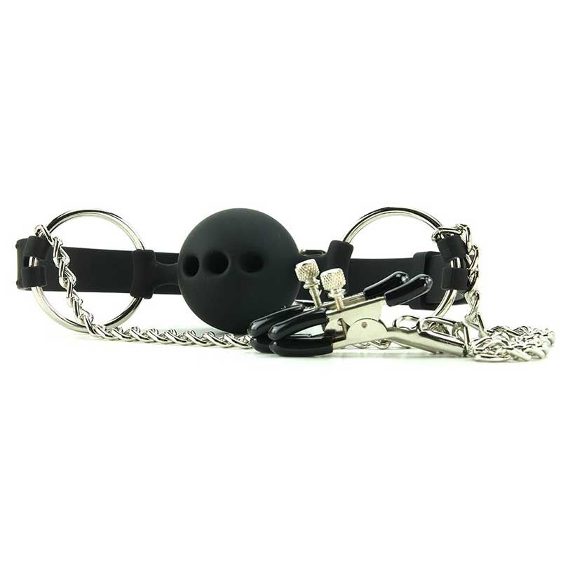 Hinder Breathable Silicone Ball Gag With Nipple Clamps - - Bondage Gags and Bits