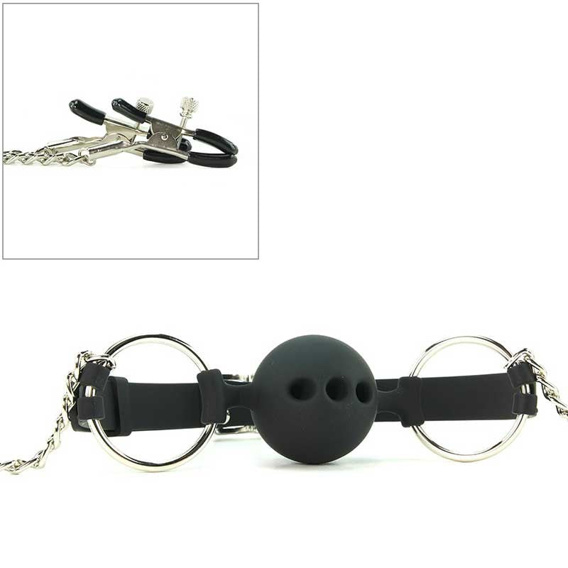 Hinder Breathable Silicone Ball Gag With Nipple Clamps - - Bondage Gags and Bits