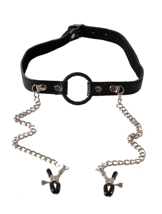 O-Ring Gag with Nipple Clamps Light - Bondage Gags and Bits