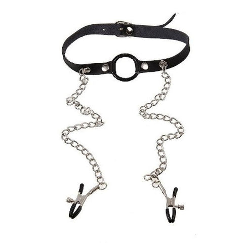 O-Ring Gag with Nipple Clamps Light - Bondage Gags and Bits