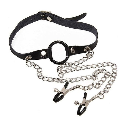 O-Ring Gag with Nipple Clamps Light - Bondage Gags and Bits