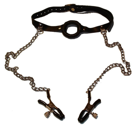 O-Ring Gag with Nipple Clamps Light - Bondage Gags and Bits