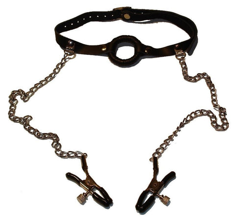 O-Ring Gag with Nipple Clamps Light - Bondage Gags and Bits