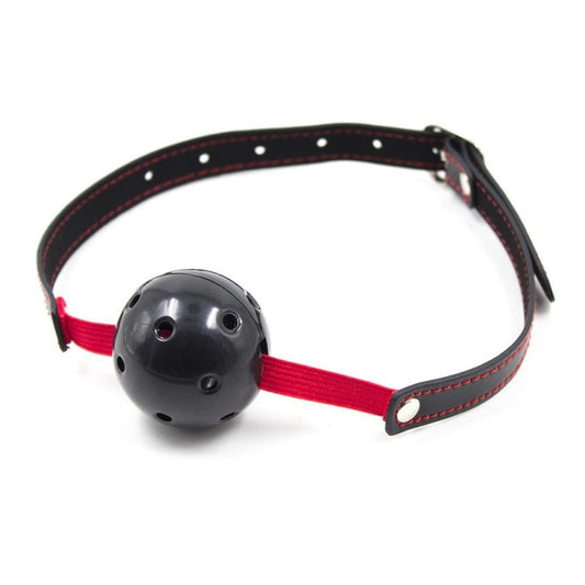 Pin Buckle Breathable O Ring Red & Balck Strap Ball Gag - Bondage Gags and Bits