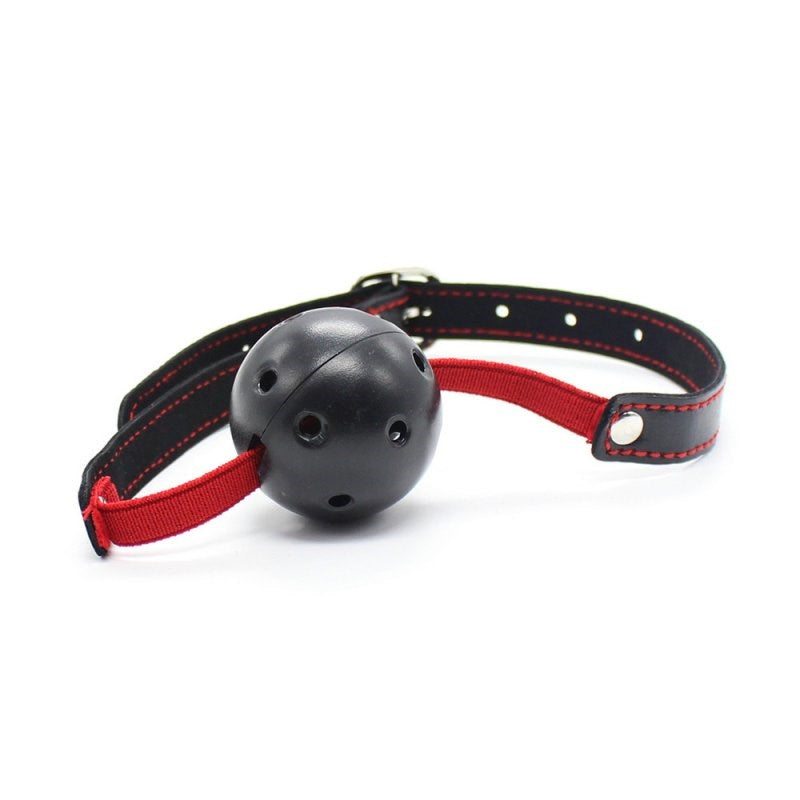 Pin Buckle Breathable O Ring Red & Balck Strap Ball Gag - - Bondage Gags and Bits