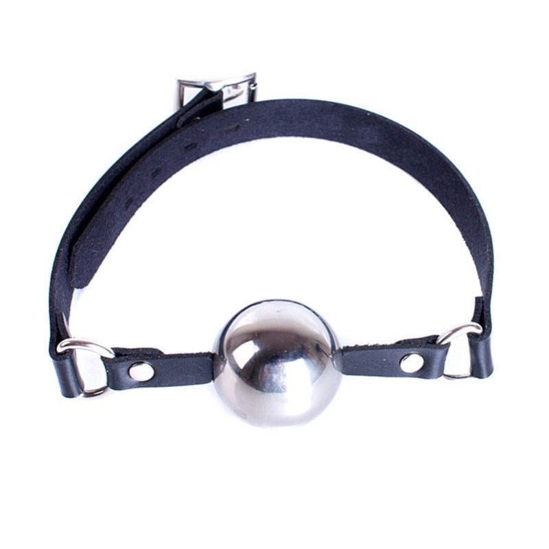 Popper Metal Ball Gag with Leather Straps - - Bondage Gags and Bits