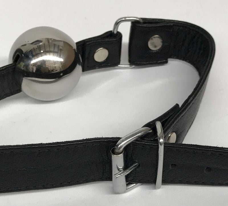 Popper Metal Ball Gag with Leather Straps - - Bondage Gags and Bits