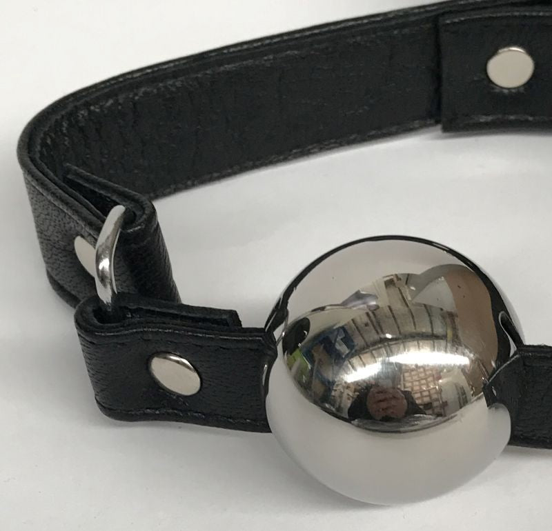 Popper Metal Ball Gag with Leather Straps - - Bondage Gags and Bits