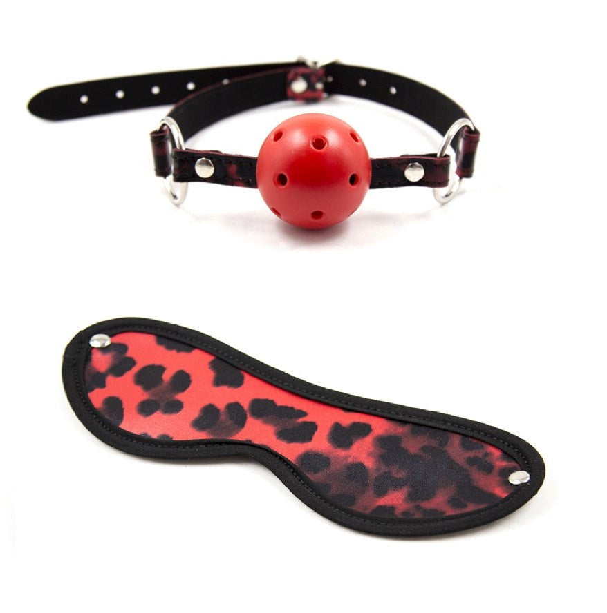 Red Leopard Ball Gag & Eye Mask - - Bondage Gags and Bits