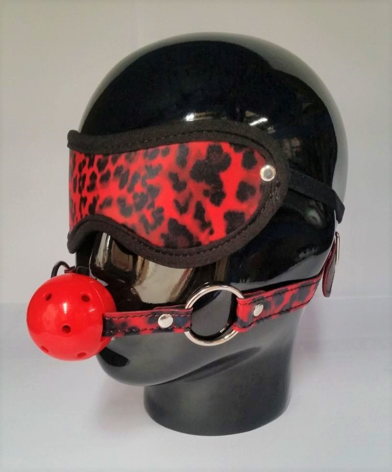 Red Leopard Ball Gag & Eye Mask - - Bondage Gags and Bits