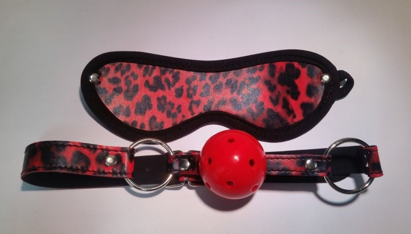 Red Leopard Ball Gag & Eye Mask - - Bondage Gags and Bits