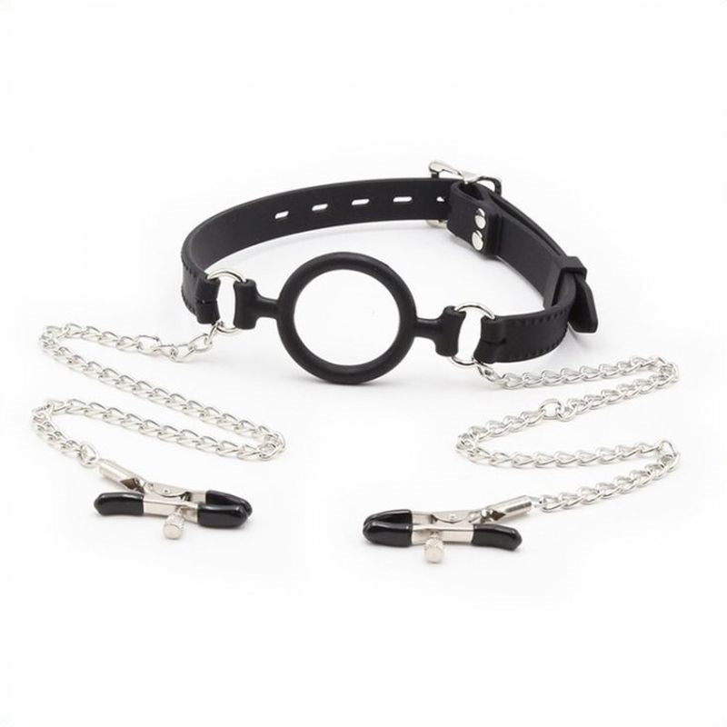 Silicone O Ring Gag With Nipple Clamp - - Bondage Gags and Bits