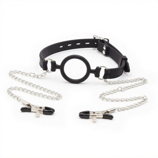 Silicone O Ring Gag With Nipple Clamp - Bondage Gags and Bits