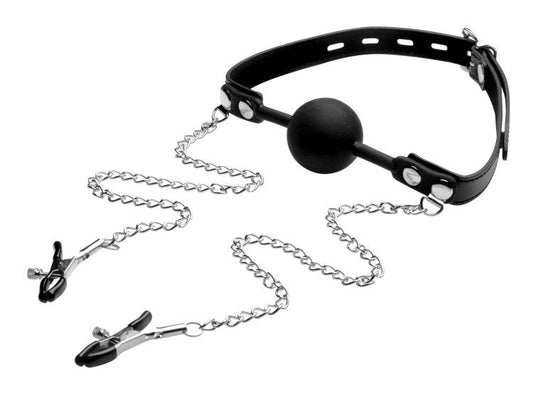 Strict Silicone Ball Gag With Nipple Clamps Black - Bondage Gags and Bits
