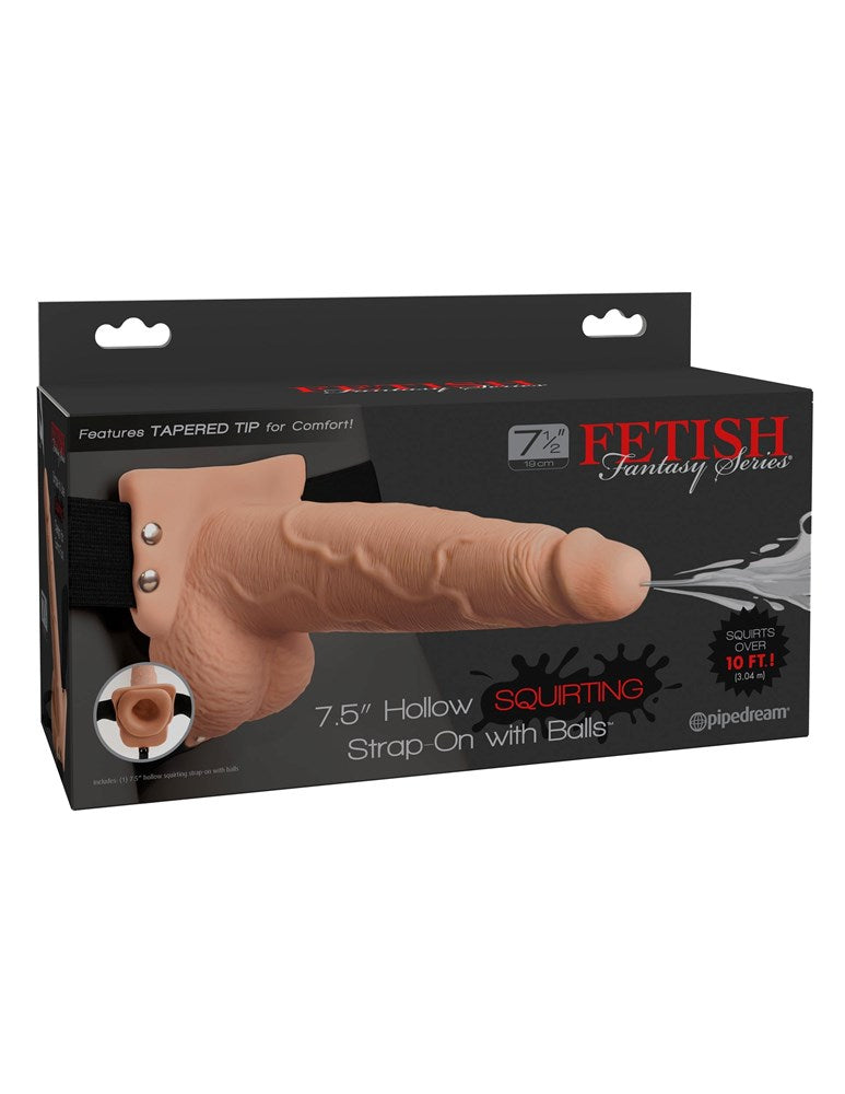 Fetish Fantasy 7.5 Inch Hollow Squirting Strap On with Balls - Strap On Sextoys
