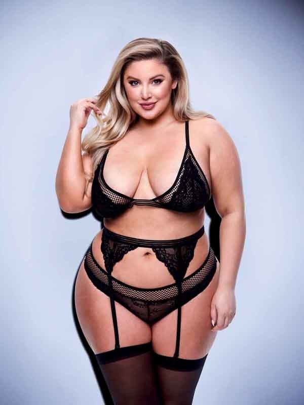 Baci 3 Piece Lace & Mesh Bra Garter & Panty Set Queen Black - - Bras and Bra Sets