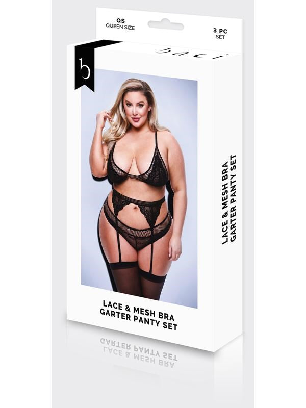 Baci 3 Piece Lace & Mesh Bra Garter & Panty Set Queen Black - - Bras and Bra Sets