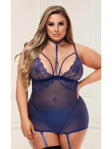 Baci White Label 2 Piece Sexy Lace and Mesh Mini Dress and G-String Set Queen Navy - G-Strings, Panties and Shorts