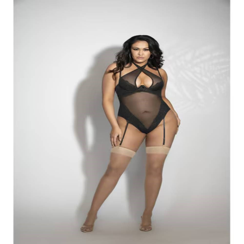 Seven Til Midnight Lace and Mesh Teddy With Removable Shoulder Straps and Thong Back 3X/4X - - Teddies and Bodysuits