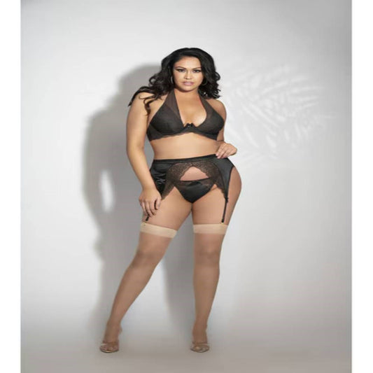 Seven Til Midnight Three Piece Lace and Satin Bra Garter Belt and G-String Set 3X/4X - Bras and Bra Sets