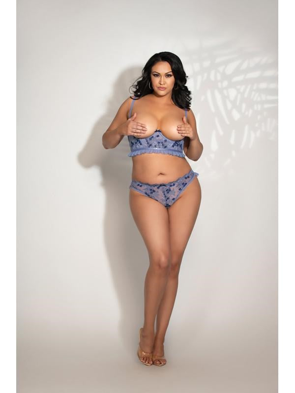 Seven Til Midnight Two Piece Embroidered Mesh Open Cup Long Line Bra and Panty Set Blue - - Bras and Bra Sets