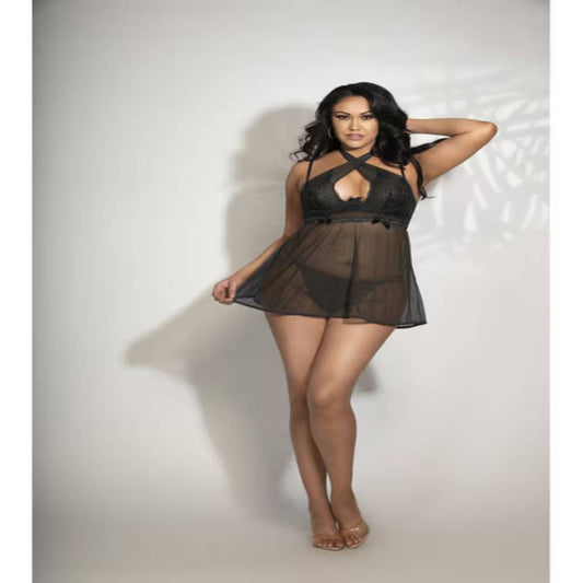 Seven Til Midnight Two Piece Lace and Mesh Babydoll and Panty Set 3X/4X - Babydolls and Chemises