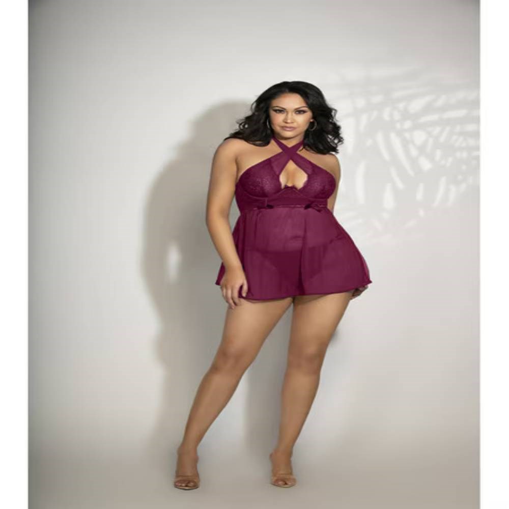 Seven Til Midnight Two Piece Lace and Mesh Babydoll and Panty Set 3X/4X - - Babydolls and Chemises