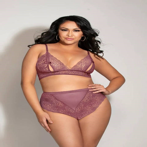 Seven Til Midnight Two Piece Lace Bralette Set with Peek-A-Boo Cups and High Waisted Panty Queen - Bras and Bra Sets