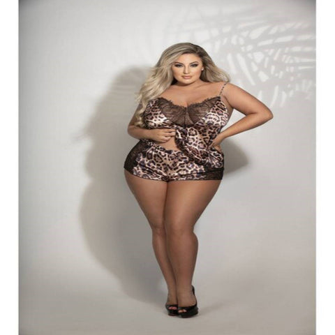 Seven Til Midnight Two Piece Leopard Print Satin and Lace Cami And Tap Short Set Leopard - Teddies and Bodysuits