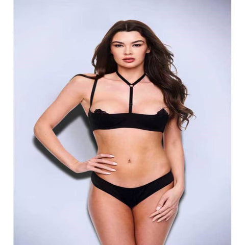 Baci 2 piece Sexy Quarter Cup Bra & G-String Set Black - Bras and Bra Sets
