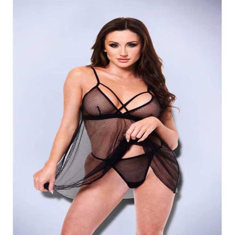 Baci 2 piece Strappy Lace & Mesh Babydoll & G-String Set - Babydolls and Chemises
