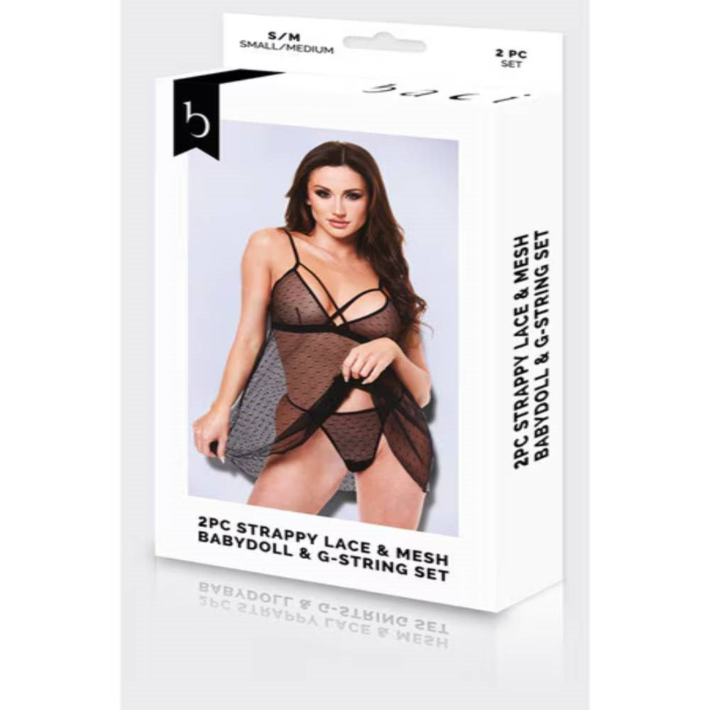 Baci 2 piece Strappy Lace & Mesh Babydoll & G-String Set - Babydolls and Chemises